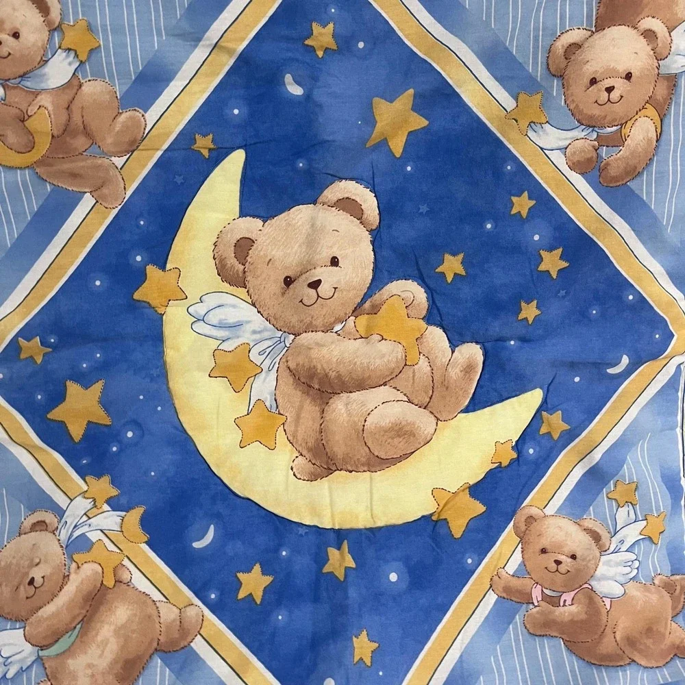 Vtg 90s Celestial Angel Teddy Bear Moon Stars Baby Quilt Blue Yellow 33x42
